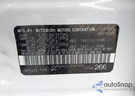 2018 Mitsubishi Outlander Se z USA, uszkodzony, nr VIN JA4AD3A31JZ067474